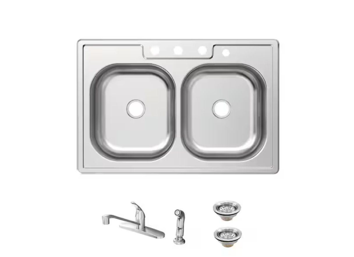 33 in. Drop-In 50/50 Double Bowl 20 Gauge Stainless Steel Kitchen Sink with Faucet and Sprayer