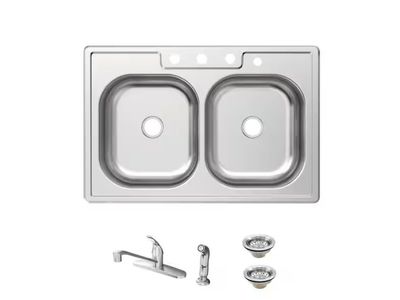 33 in. Drop-In 50/50 Double Bowl 20 Gauge Stainless Steel Kitchen Sink with Faucet and Sprayer