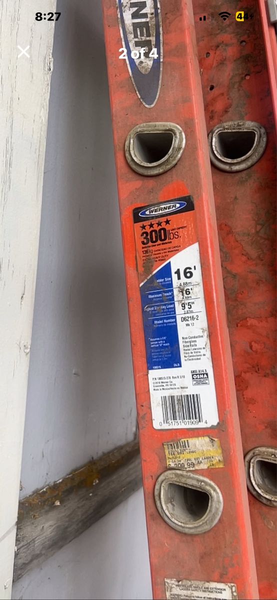 Werner D6216-2 16' Fiberglass Extension Ladder, 300 lbs Load Capacity, Used