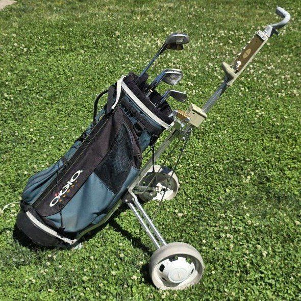 VINTAGE GARY PLAYER RAM "FULLBACK" RIGHT HAND GOLF SET w/ FOLDABLE CADDY( SAVES YOUR BACK & MONEY!) OGIO GOLF BAG GREAT CONDITIO