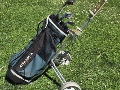 VINTAGE GARY PLAYER RAM "FULLBACK" RIGHT HAND GOLF SET w/ FOLDABLE CADDY( SAVES YOUR BACK & MONEY!) OGIO GOLF BAG GREAT CONDITIO