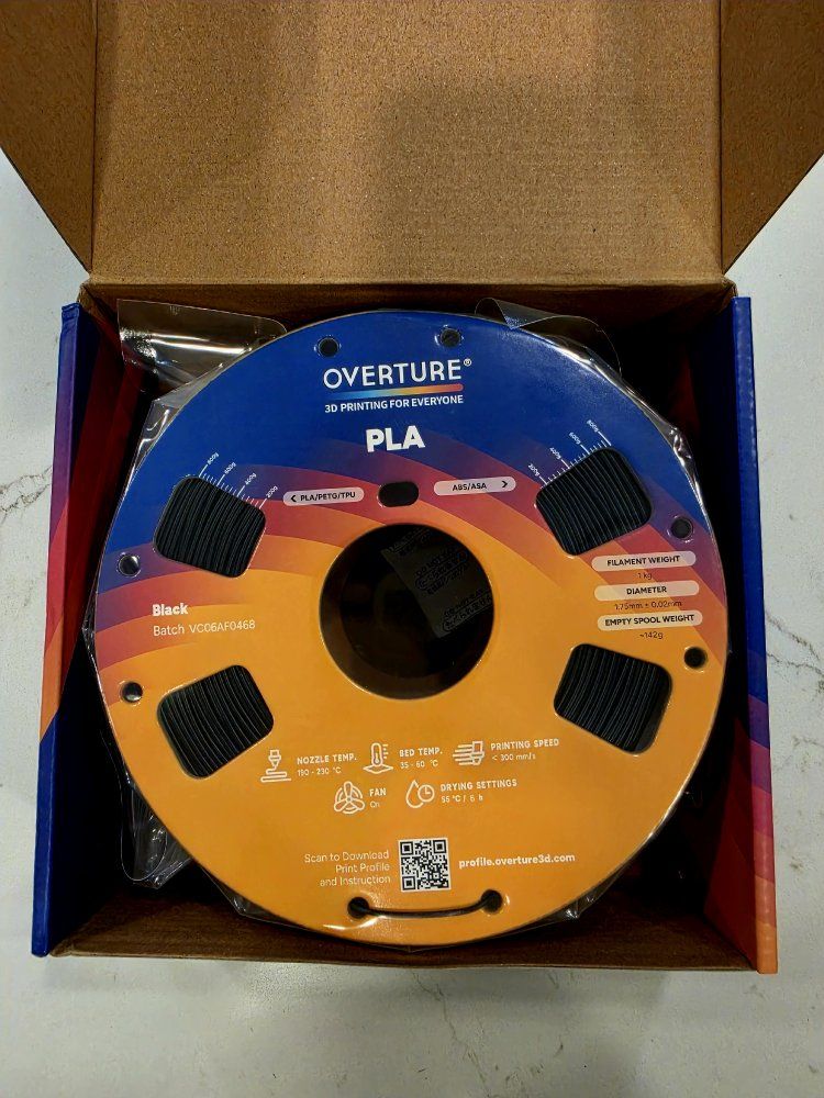 Overture PLA 3D Printing Filament 1.75mm Black 1kg Spool New in Box