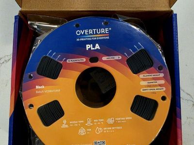 Overture PLA 3D Printing Filament 1.75mm Black 1kg Spool New in Box