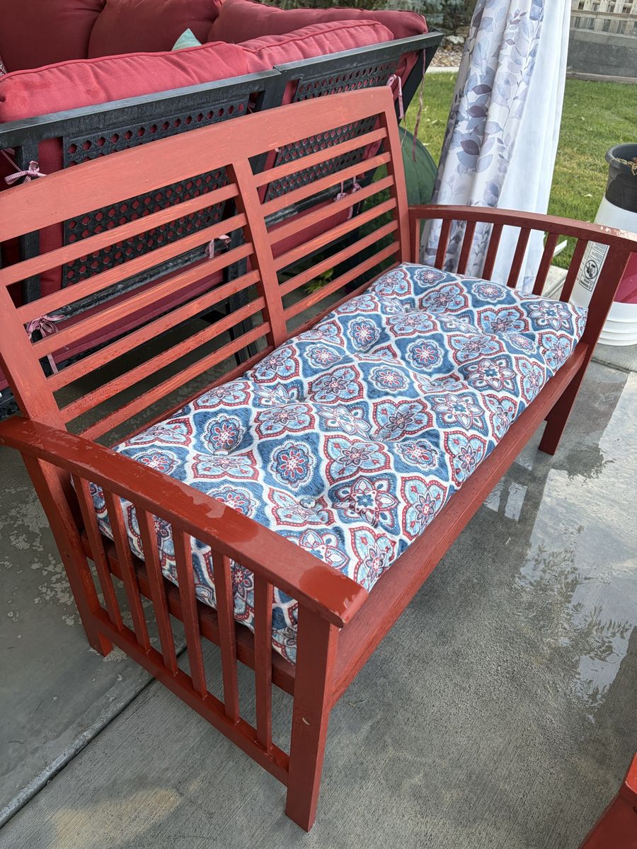Cherry colored Outdoor Patio Set - Bench, 2 Chairs, & Coffee Table w/ Cushions