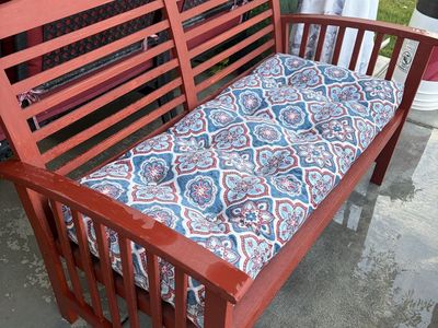 Cherry colored Outdoor Patio Set - Bench, 2 Chairs, & Coffee Table w/ Cushions
