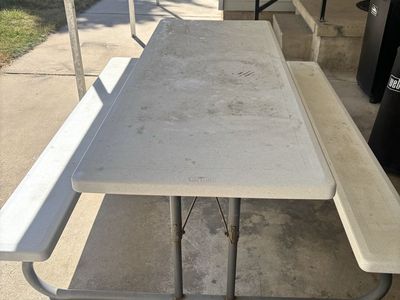 Used Lifetime White Plastic Folding Picnic Table with Attached Benches
