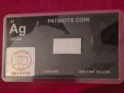 Patriots Coin 3 Grains .999 Fine Silver Bar Barset in Protective Display Case