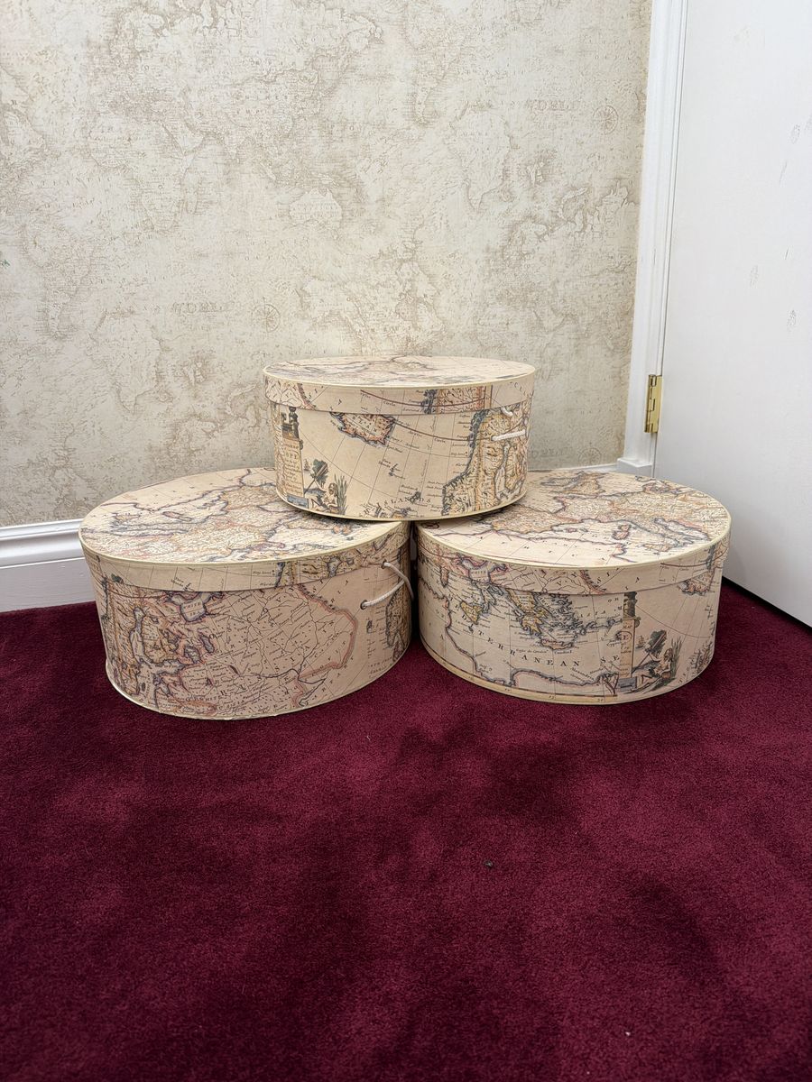 Set of 3 Vintage Map Round Decorative Storage Boxes - Stackable Hat Boxes