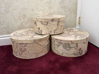 Set of 3 Vintage Map Round Decorative Storage Boxes - Stackable Hat Boxes