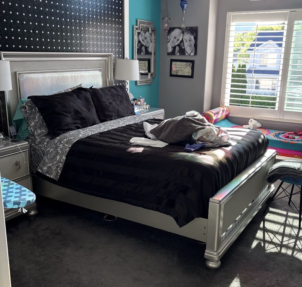 Modern Silver Holographic Bed Frame with Statement Headboard