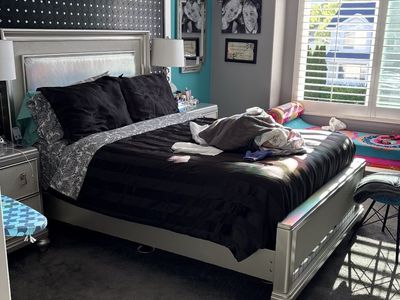 Modern Silver Holographic Bed Frame with Statement Headboard