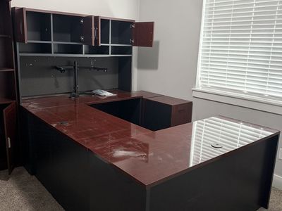 Wood U shaped desk and bookshlef