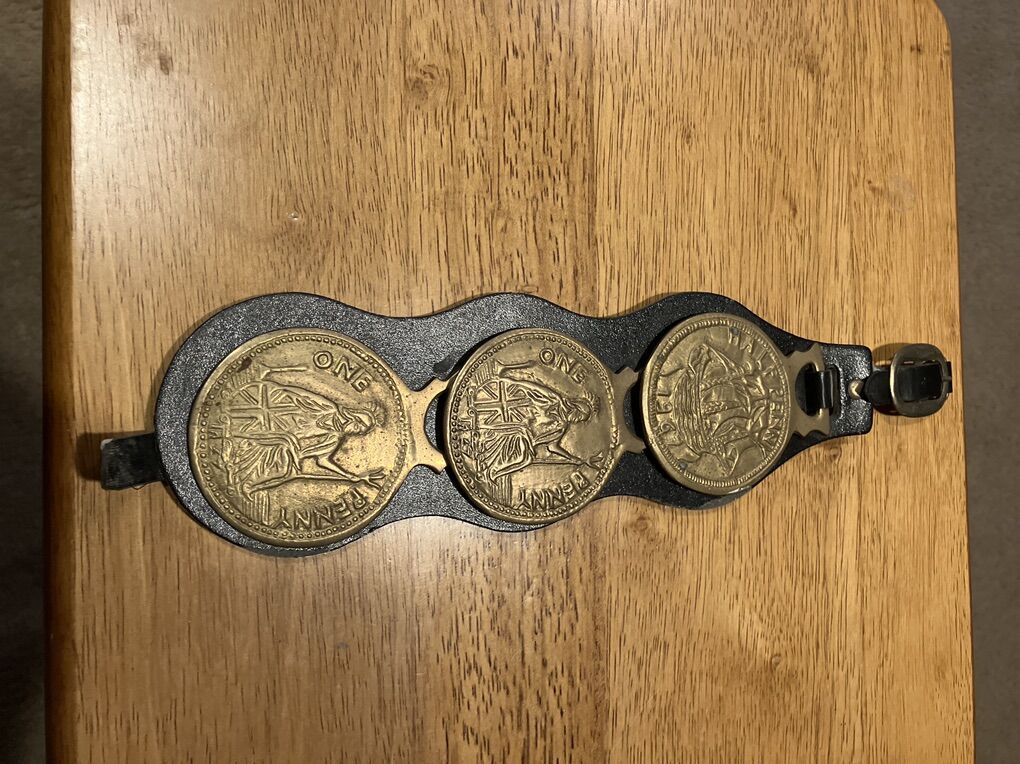 Vintage English Leather & Brass Wall Hanging 14x