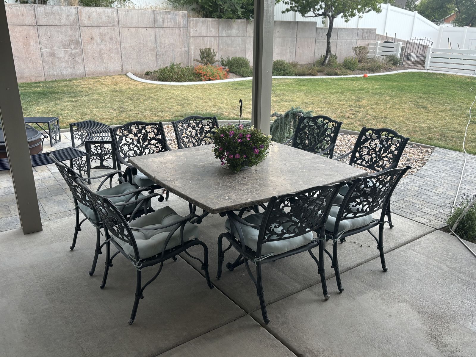 Outdoor Patio Dining Table Set with 8 Metal Chairs - Square Faux Marble Tabletop