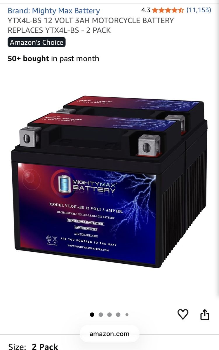 Mighty Max Battery YTX4L-BS 12V 3Ah Rechargeable Sealed Lead-Acid Motorcycle Battery, 2-Pack