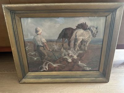 Vintage Coastal Farm Scene – Framed Horse & Plow A