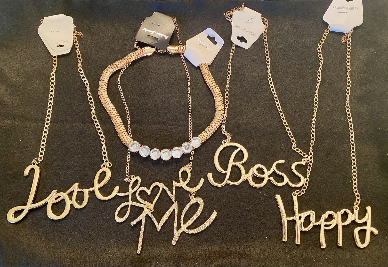NEW! Love, Love Me, Boss, Happy, Statement Necklaces PLUS Rhinestone Choker In Gold - $11-$14 C PIX