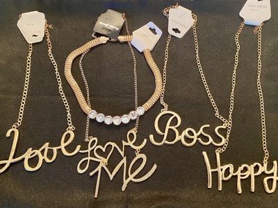 NEW! Love, Love Me, Boss, Happy, Statement Necklaces PLUS Rhinestone Choker In Gold - $11-$14 C PIX
