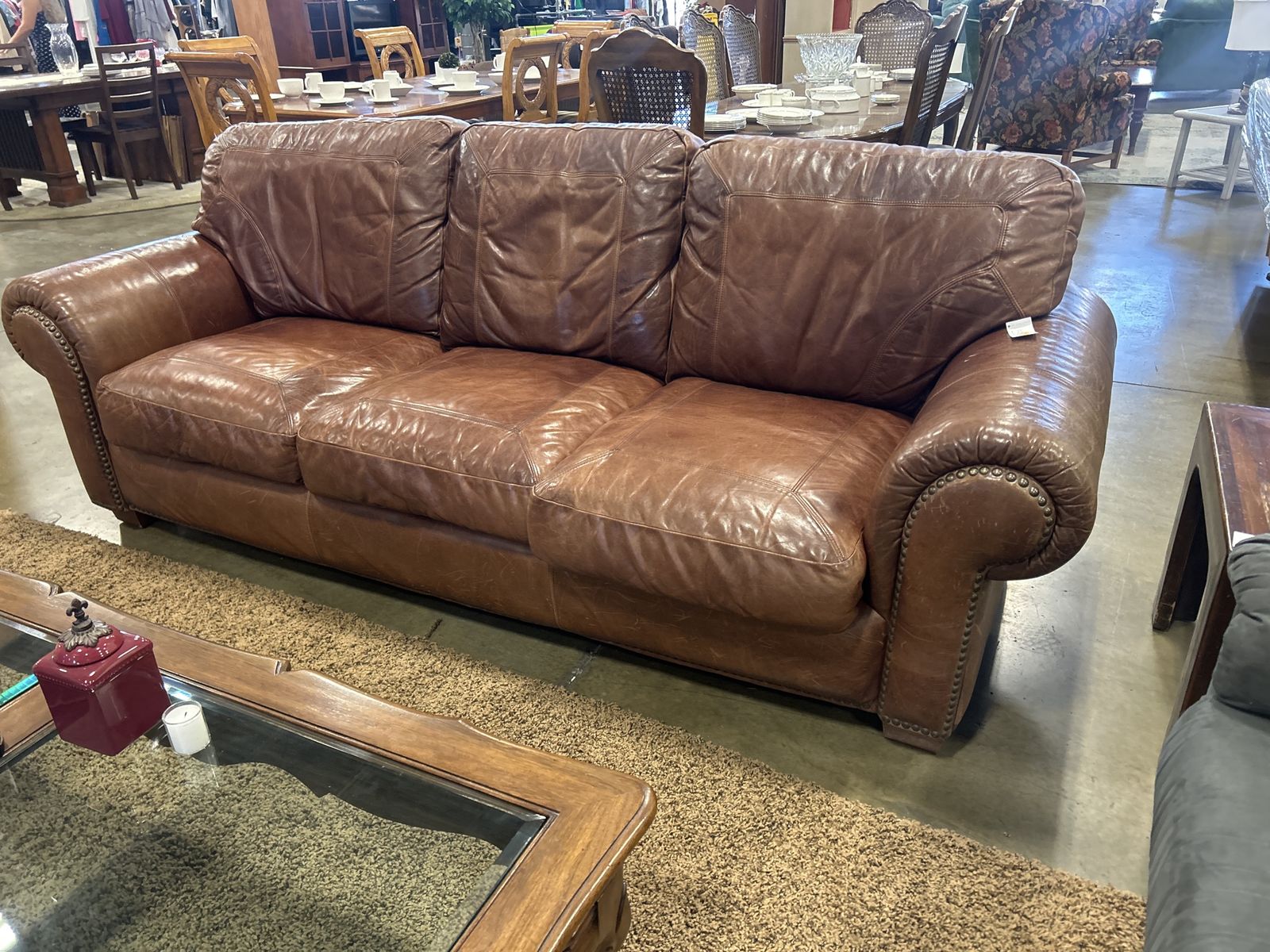 Large Brown Leather Sofa - 3-Seater Couch with Rolled Arms & Nailhead Trim