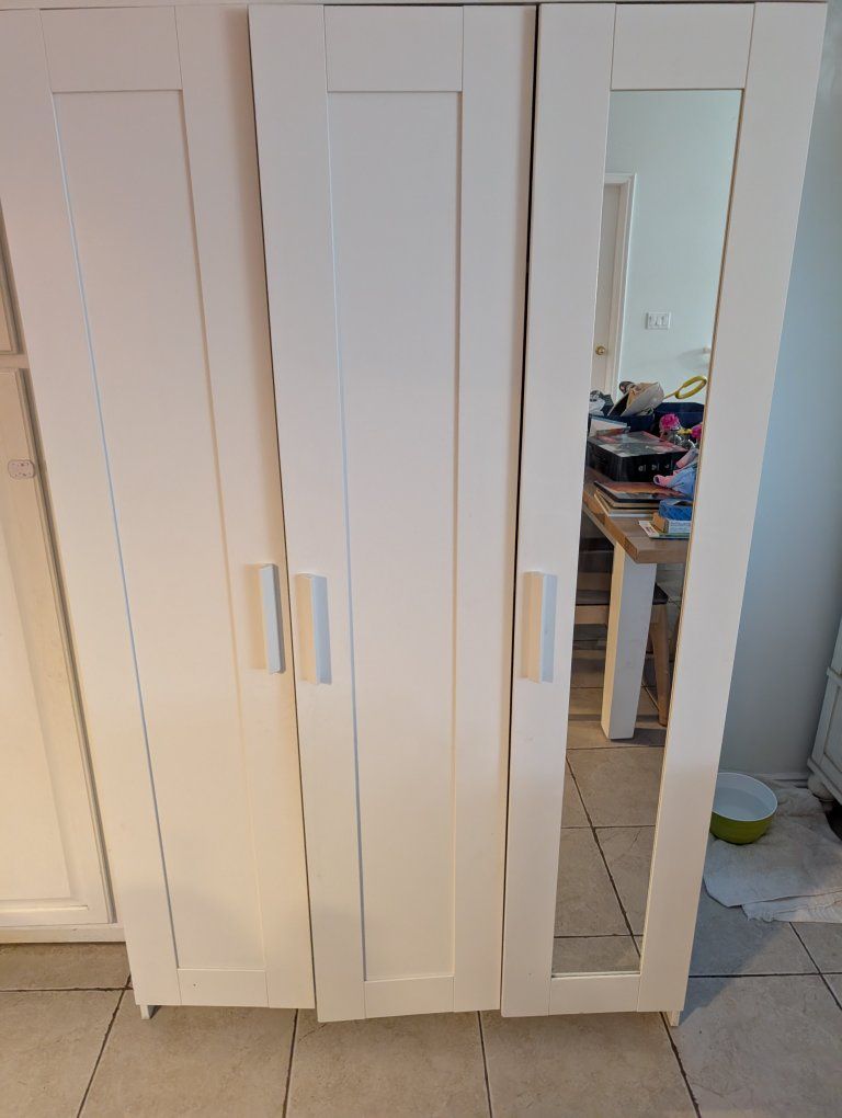 White IKEA Wardrobe PAX System with Mirror Door and Shelves