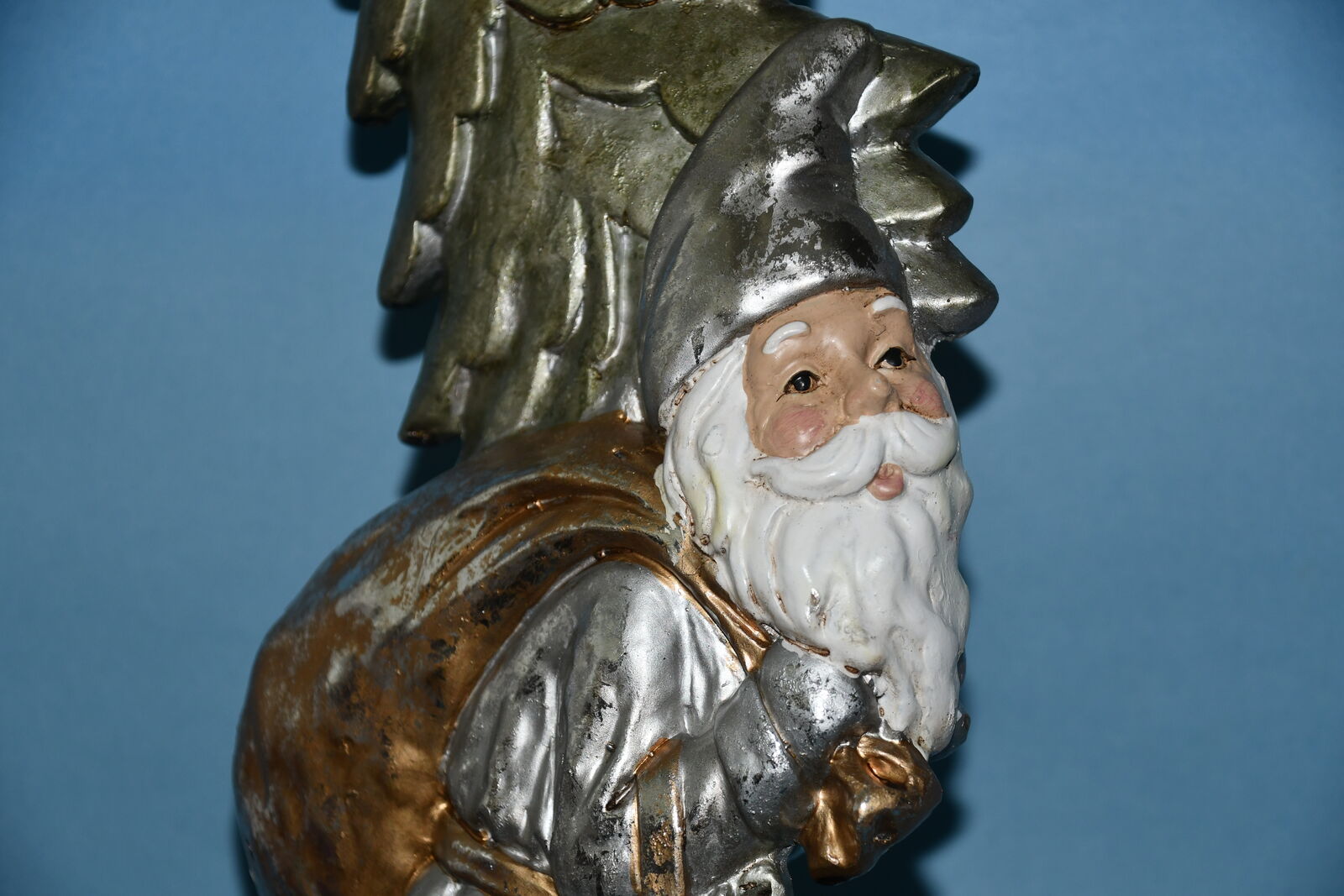 LARGE "SANTA with TREE & BAG" ~ CHRISTMAS ~ HEIGHT 23" ~ HEAVY ~ GOLD & SILVER TONES ~ NO CHIPS ~ NICE!