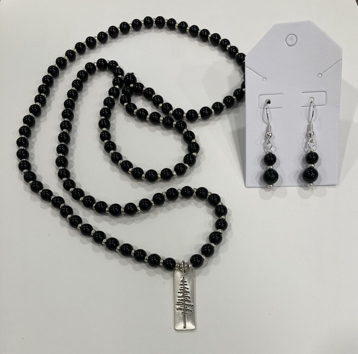 Black Beaded Silver Pine Tree Pendant Necklace & Earrings