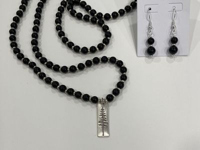 Black Beaded Silver Pine Tree Pendant Necklace & Earrings