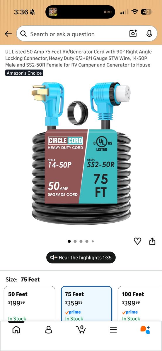 75 foot 50 amp rv extension cord with twist lock