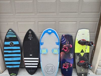 Assorted Wakesurf boards, vests, wakeboards, ropes, tube and compressor