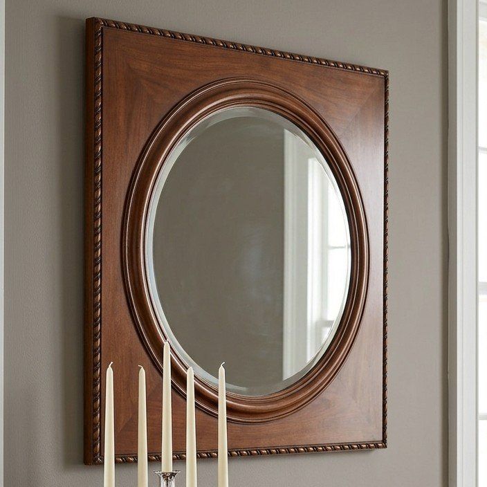 Vintage Ethan Allen Wood Square Circle Mirror