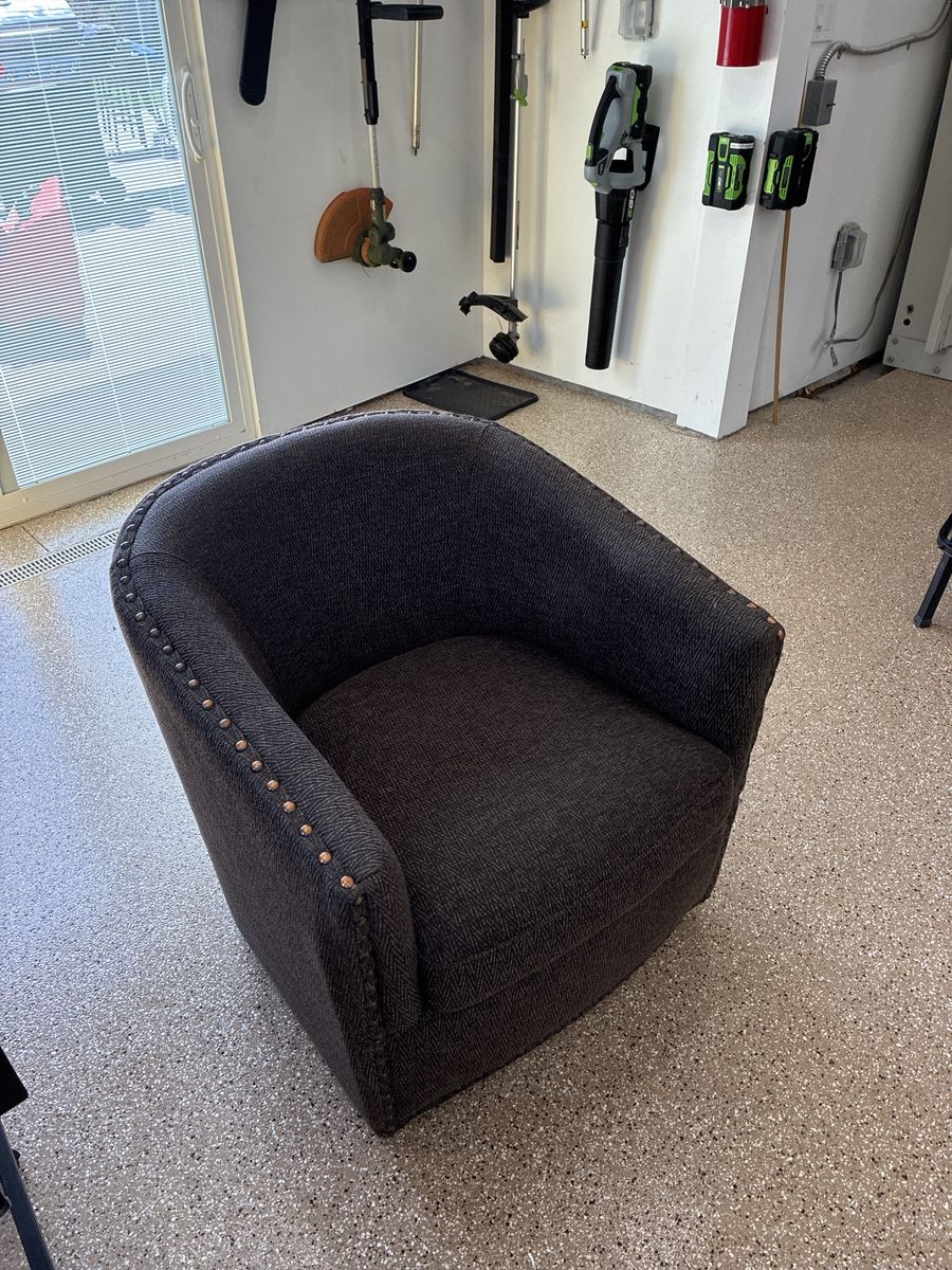 Dark Gray Patterned Fabric Barrel Accent Chair with Nailhead Trim