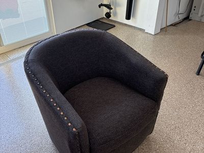 Dark Gray Patterned Fabric Barrel Accent Chair with Nailhead Trim