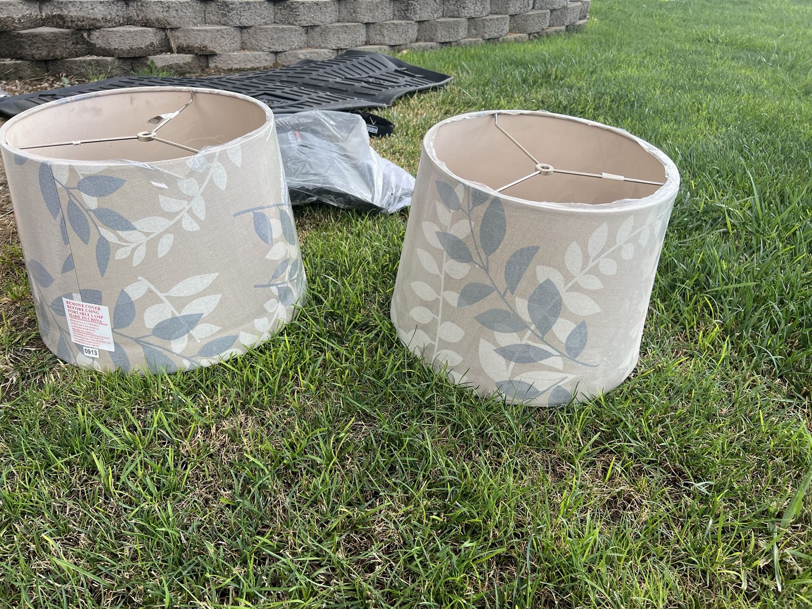 Set of 2 Light Tan Lamp Shades with Grey Leaf Pattern - New, 0913 Model