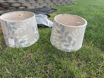Set of 2 Light Tan Lamp Shades with Grey Leaf Pattern - New, 0913 Model