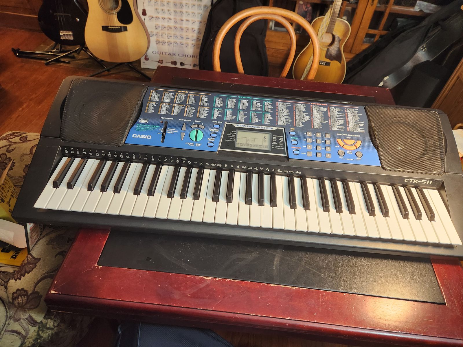 Casio keyboard CTK-511.  100 tones, 100 beats, 100 songs.  Has teaching tools...and the classic fun Casio accompaniment.