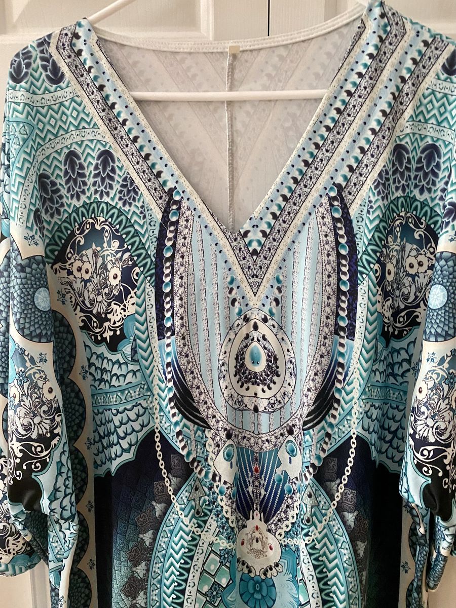NEW! Boho Print V-Neck Kaftan Tunic Dress - Size XXL - Also In Shades Of Red - C PIX