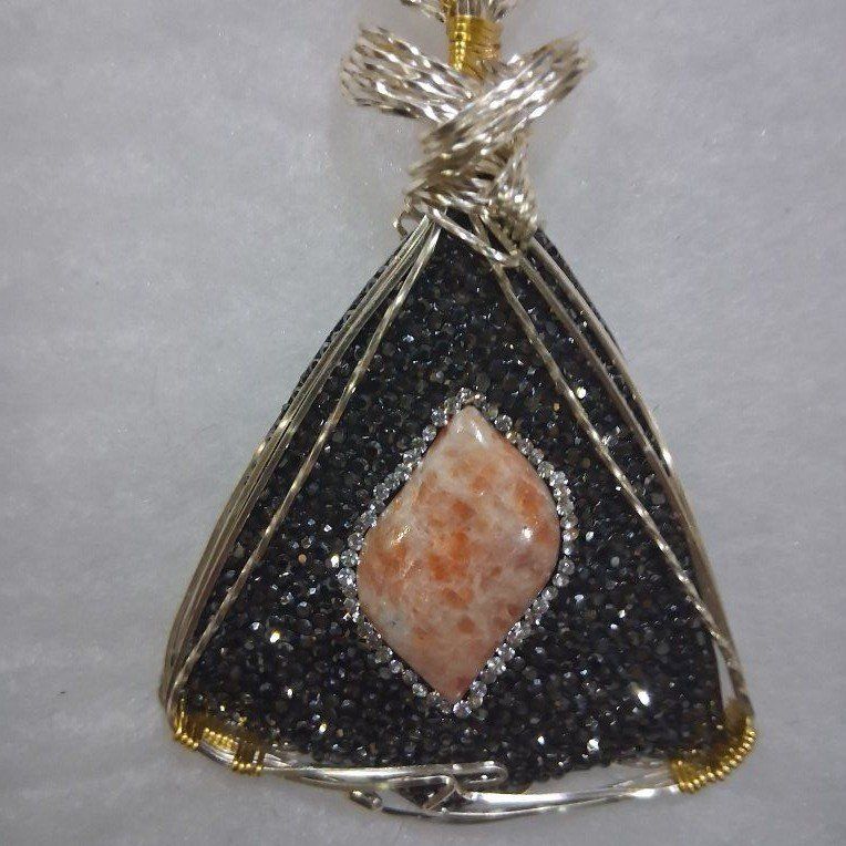Wire Wrapped Sunstone and Black Spinel Pendant