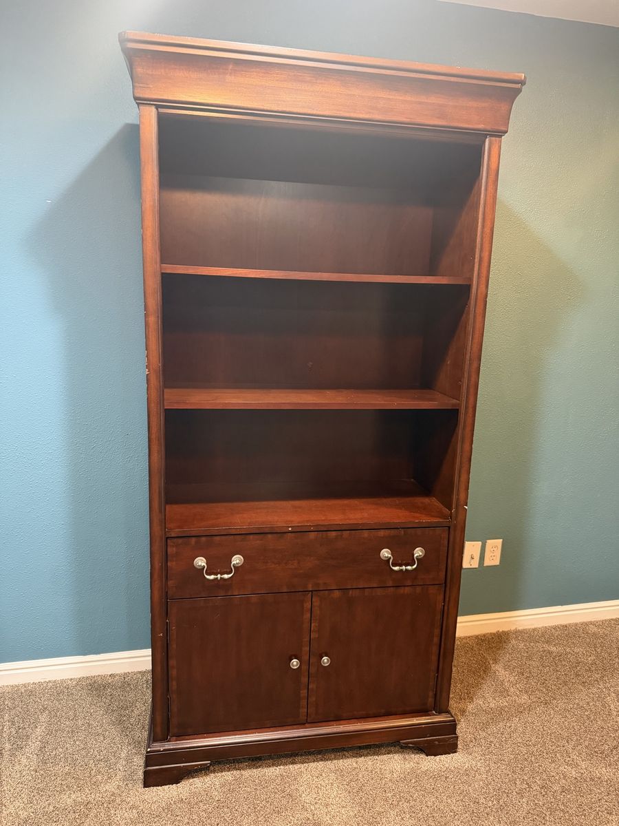 Tall Wooden Bookcase with Drawer and Cabinet Storage - Dark Cherry Finish