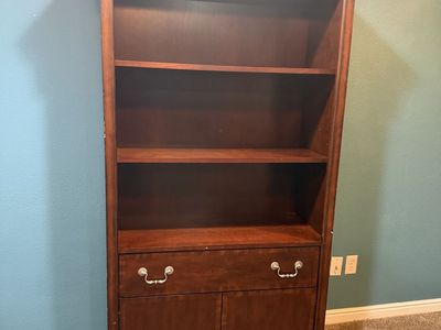 Tall Wooden Bookcase with Drawer and Cabinet Storage - Dark Cherry Finish