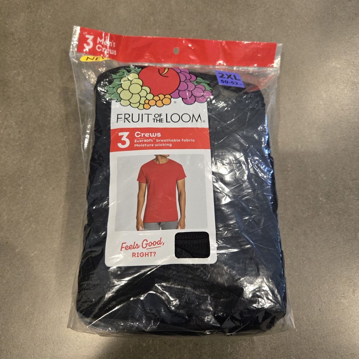 Fruit of the Loom Men's 3-Pack Black Crew Neck T-Shirts, Eversoft, Moisture-Wicking, Size 2XL
