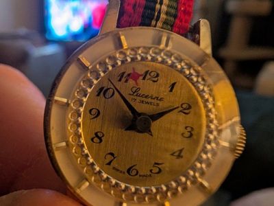Vintage Lucerne 17 Jewels Mechanical Wind Watch with Red Striped Fabric Strap the stars and crystal face move as a second hand