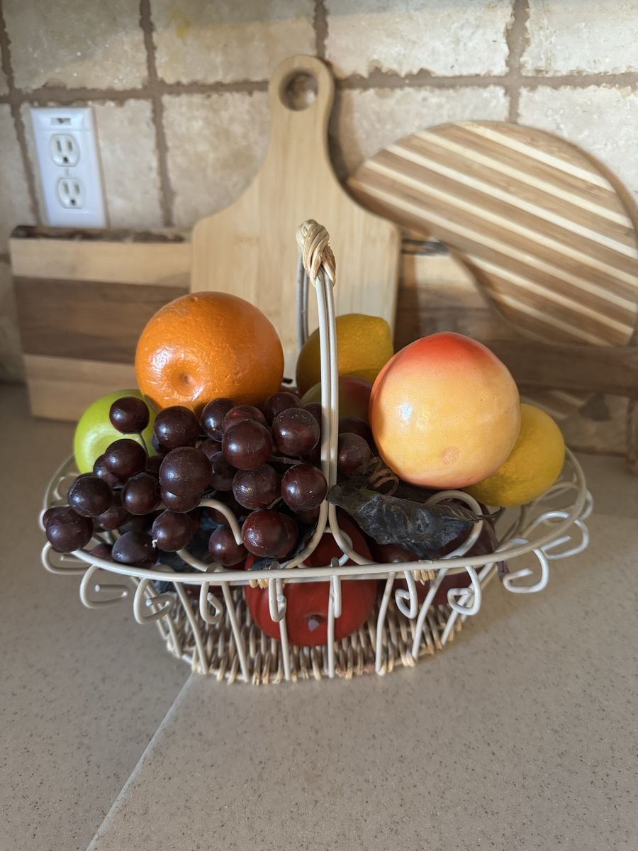 Basket Of Wood, Faux, Fruit, Kitchen, Decor
