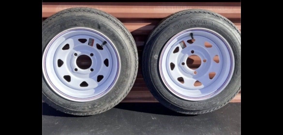New Set of 2 ST 4.80-12 Trailer Tires Mounted on New White Wheels 4 lug  Pattern