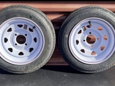 New Set of 2 ST 4.80-12 Trailer Tires Mounted on New White Wheels 4 lug Pattern