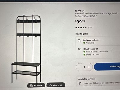 IKEA NIPÅSEN Black Coat Rack Bench with Shoe Storage - 74 3/4" x 14 3/4" x 35 1/2”