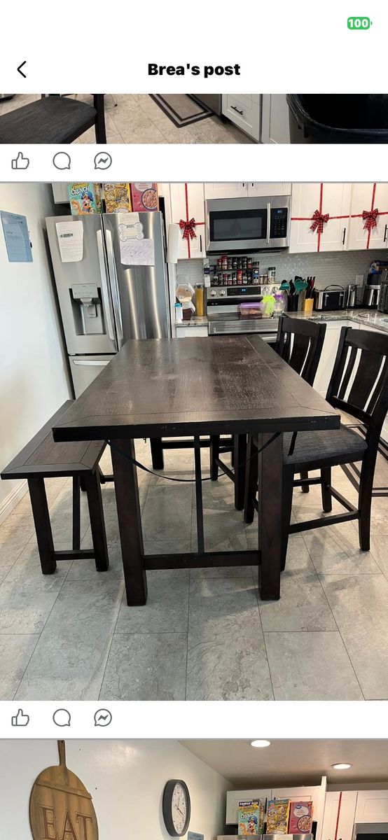 Brown dining table chairs and bench