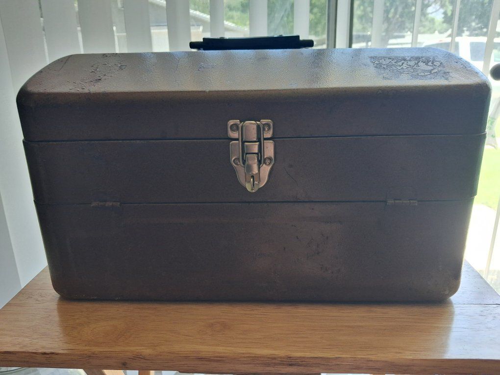 Vintage Metal Tackle Box with Fold-Out Storage Trays - Brown