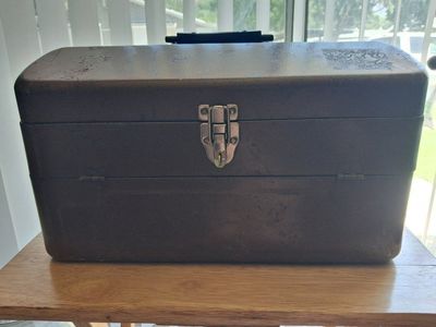 Vintage Metal Tackle Box with Fold-Out Storage Trays - Brown