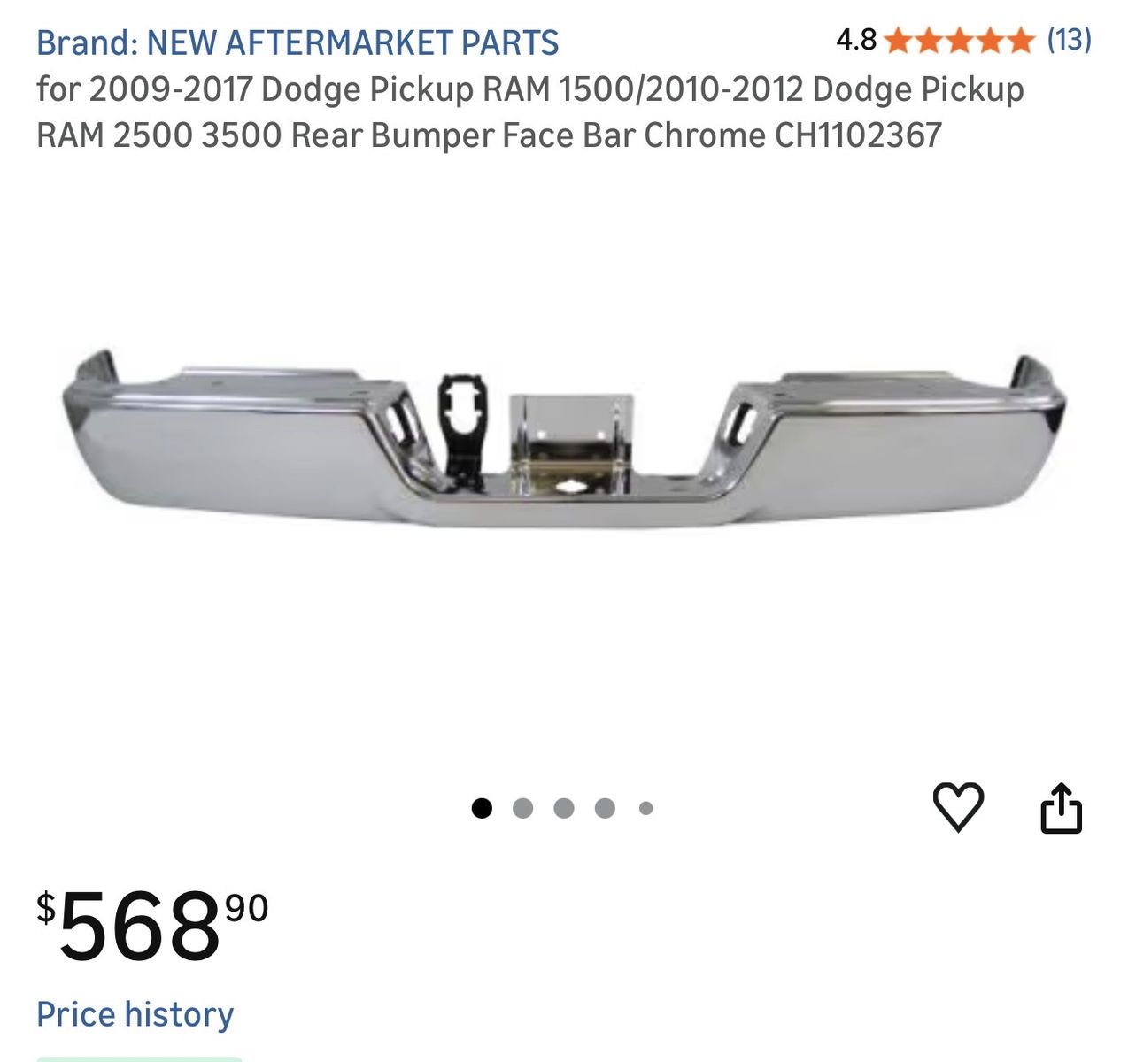 for 2009-2017 Dodge Pickup RAM 1500/2010-2012 Dodge Pickup RAM 2500 3500 Rear Bumper Face Bar Chrome