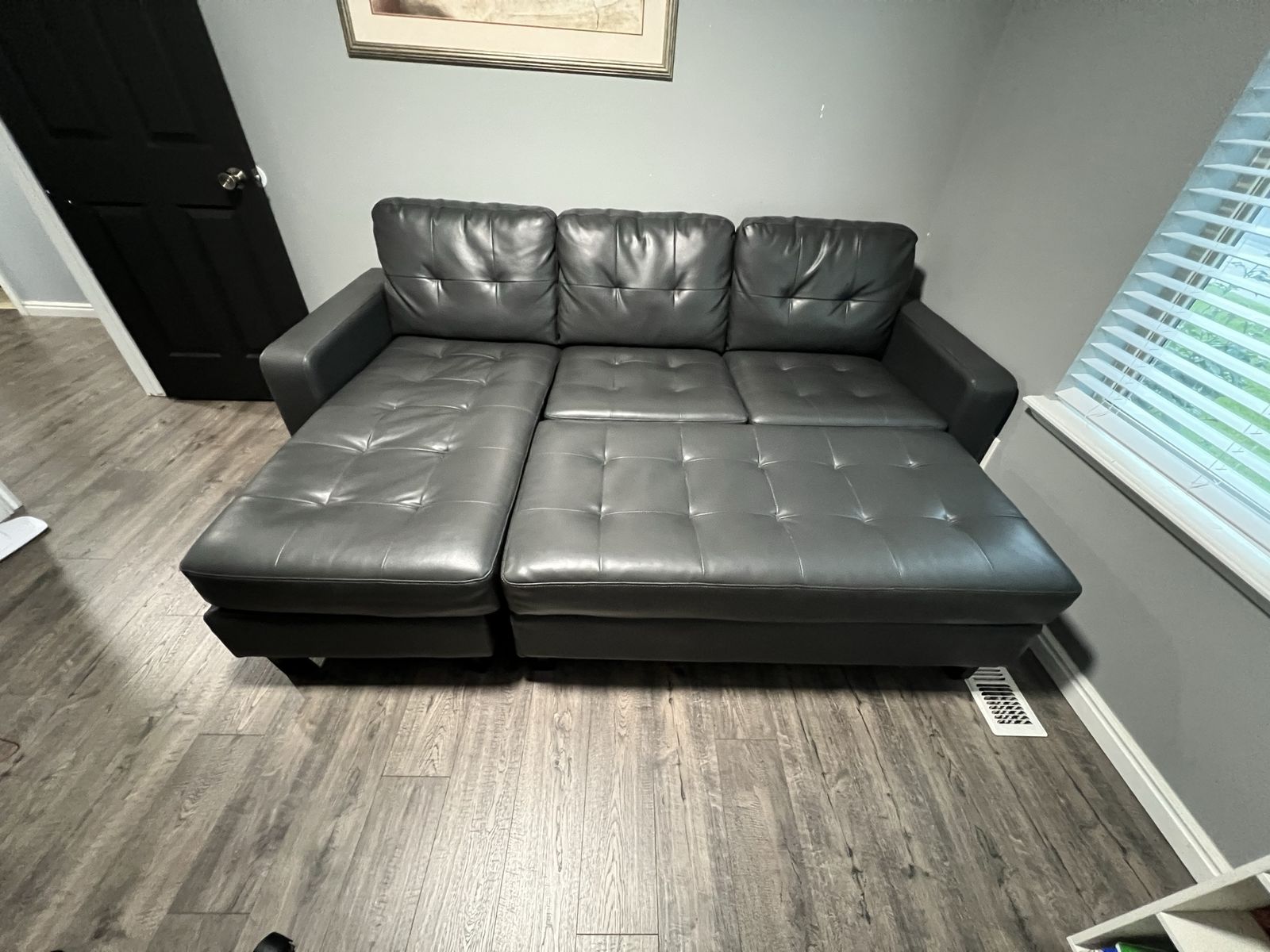 Dark Grey Faux Leather L-Shape Sectional Sofa with Matching Ottoman